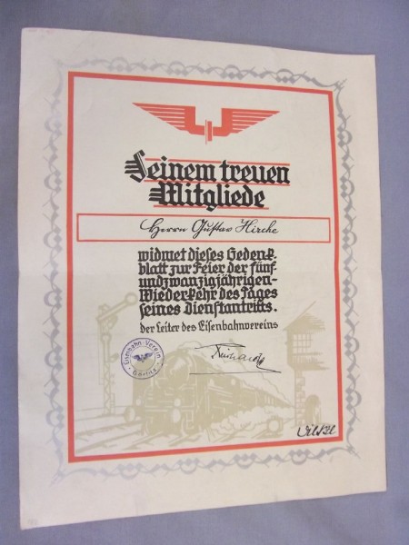 Urkunde Eisenbahn- Verein Görlitz ac. 1935 *Schmuckurkunde#