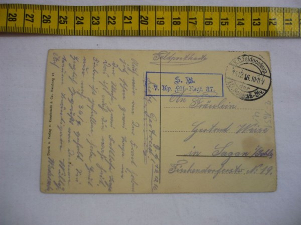 Postkarte, gelaufen, 7. Kp. Füsilier Regiment 37 