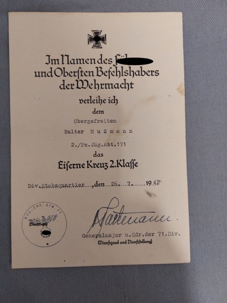 Wehrmacht Urkundennachlass 1./ Pz.Jg.Abt.171- Stabsgefreiter Mußmann - Stalingrad