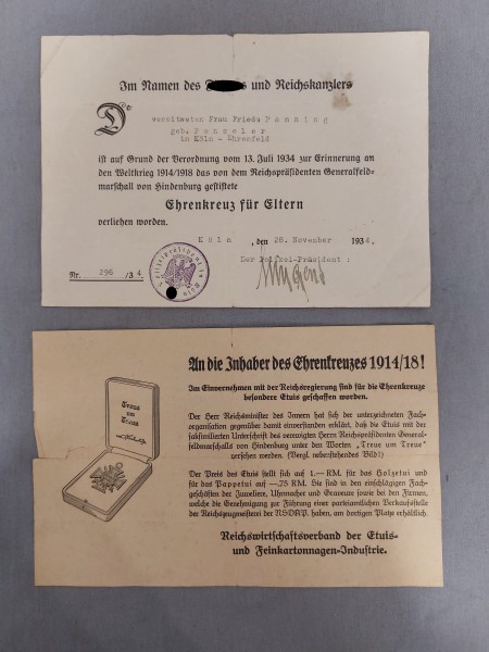 3.Reich Urkunde - Ehrenkreuz für Eltern von 1934 Polizei-Präsident Köln - Original