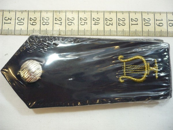 Allgemein: Schulterklappen Polizei blau, 1 goldene Lyra 26mm, Druckknopf silber gestreift