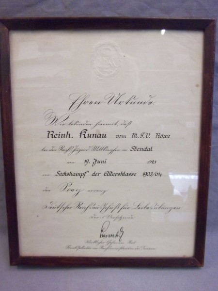 Weimarer Republik: Urkunde zum Reichsportabzeichen DRA von 1921