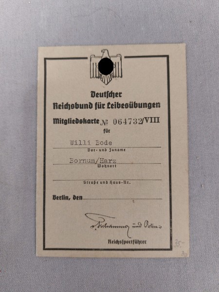3.Reich Ausweis ohne Bild des Reichsbundes für Leibesübungen